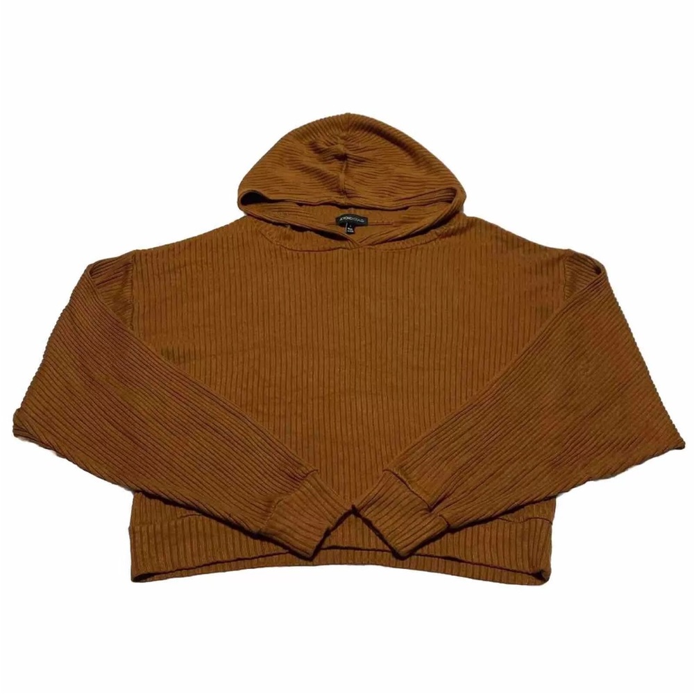 Beyond Yoga So Chic Hoodie Cropped Terracotta Brown Ribbed Knit